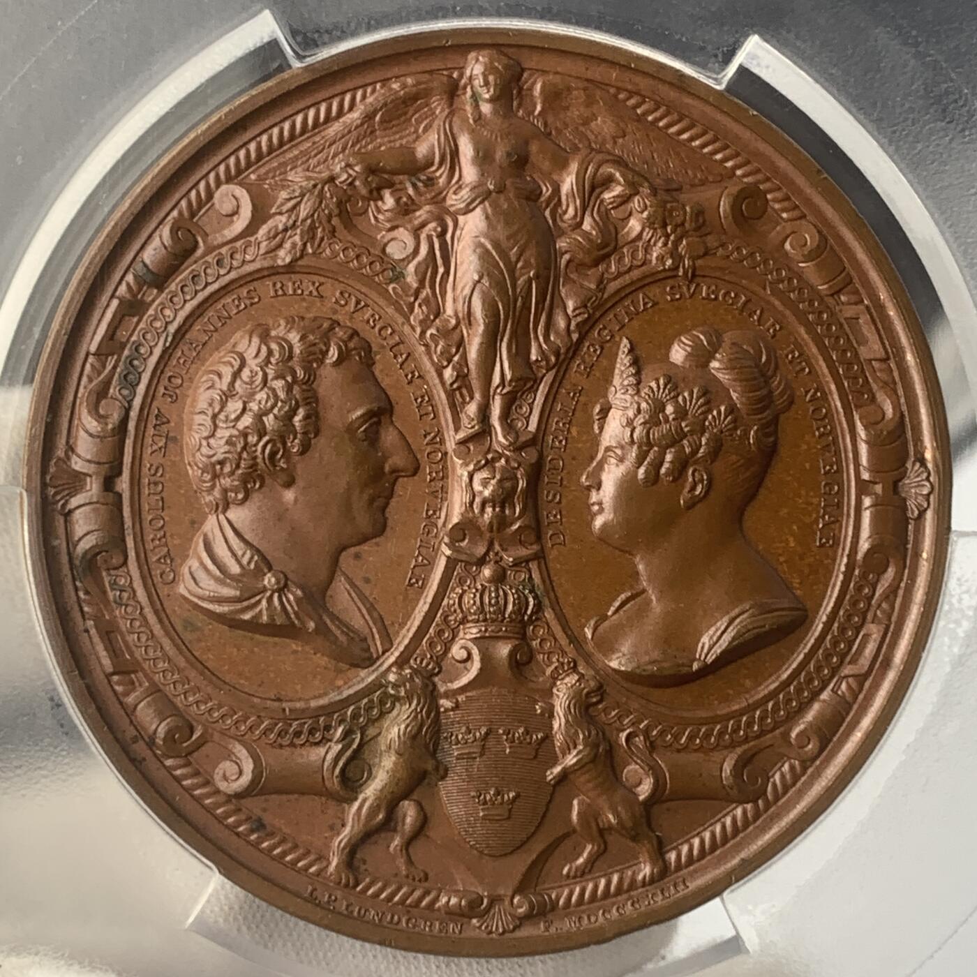 掌中浮雕-藏着的欧洲第049场 PCGS SP64 ：1842年瑞典卡尔十四和他的家人铜章，56mm， Ludvig Persson Lundgren雕刻