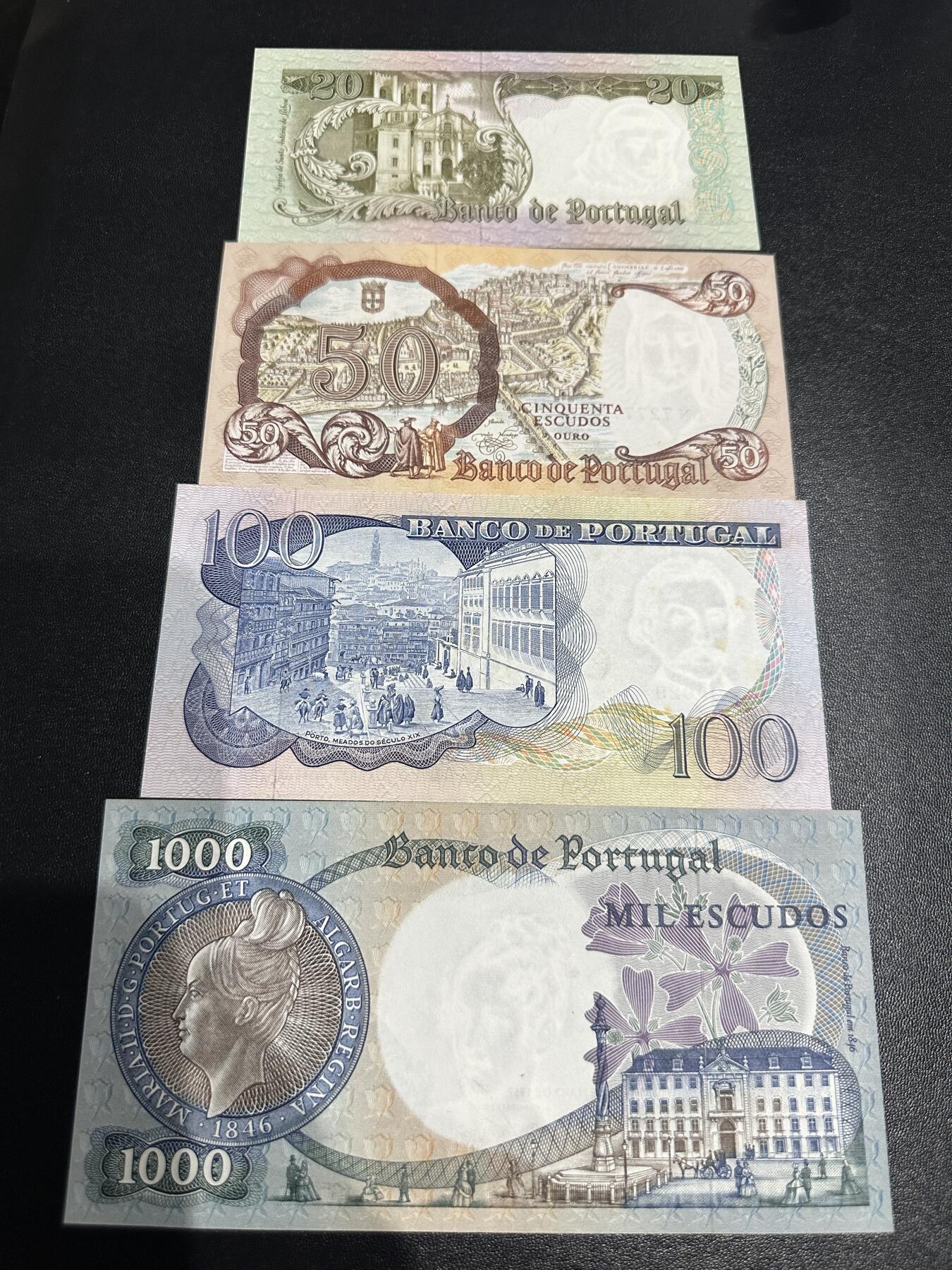 《外钞收藏家》第六百零二期（精品场）（本平台长期征集拍品、欢迎藏友们联系合作） 葡萄牙20-1000面额 四张一起 AU品相 100有黄斑也当AU