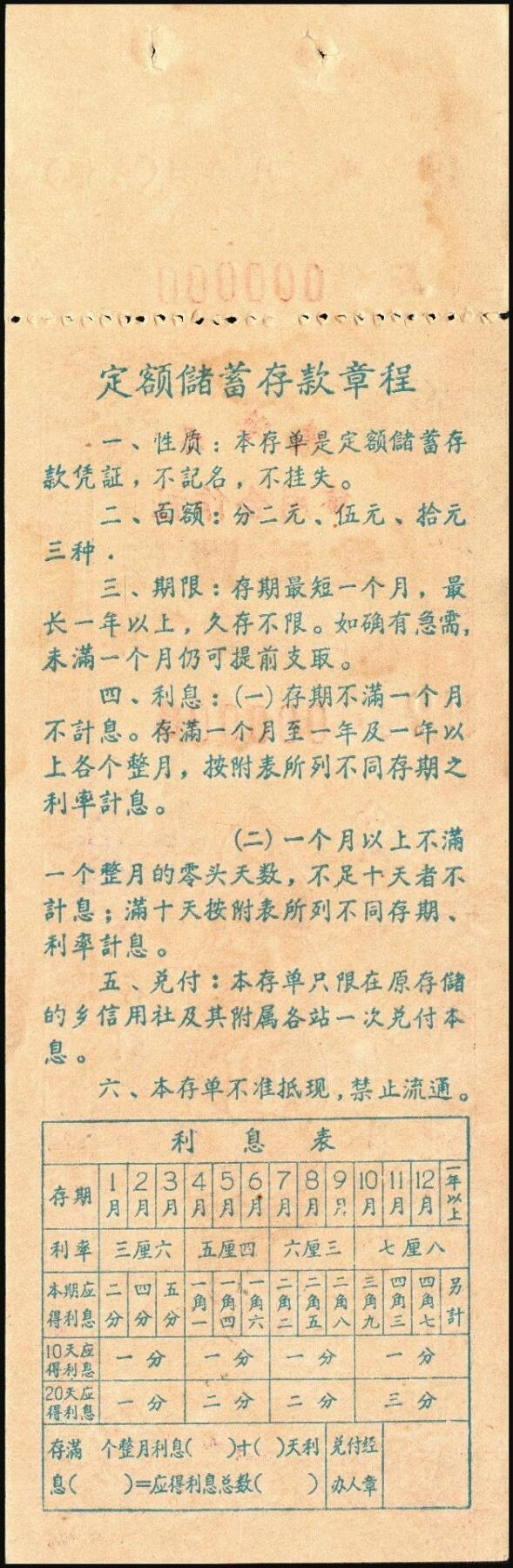 宜和2025年秋季拍卖 纸币 新中国储蓄存单一组3枚，其中：①1954年中国人民银行（热河省分行）优待售粮储蓄存单伍万圆；②信用分部“支持农业生产大跃进”定期定额有奖储蓄存单伍圆，均未填用；③南海县信用合作社“爱社丰产”定额储蓄存单伍圆样本；时代的见证，历史的印记，八五品