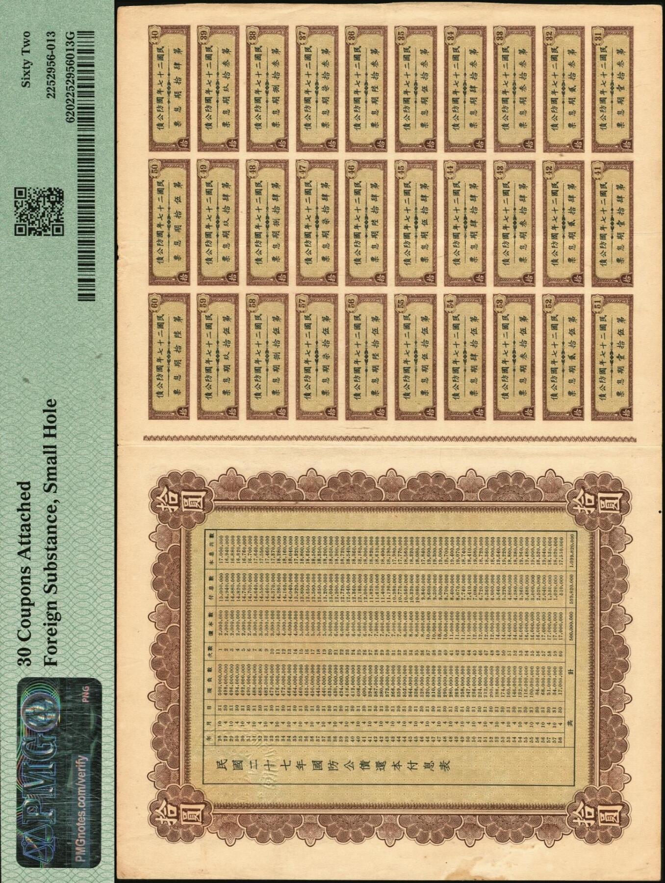宜和2025年秋季拍卖 纸币 民国二十七年国防公债拾圆，附带息票，财政部长孔祥熙签署；PMG 62/30 Coupons Attached Foreign Substance，Small Hole