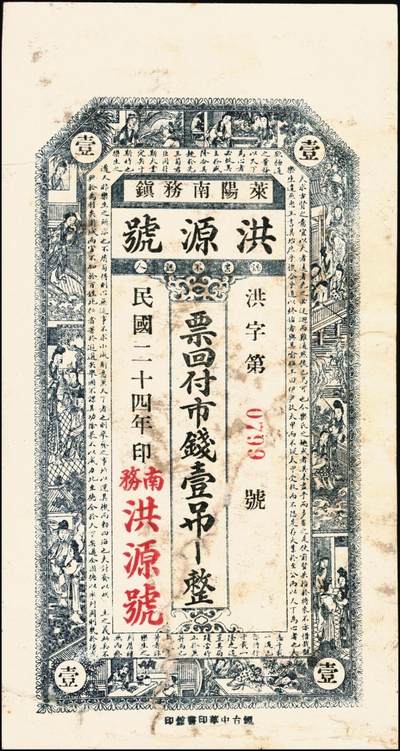 宜和2025年秋季拍卖 纸币 山东莱阳钱庄票一组6枚，其中：德和泰大钱壹仟文；友桂轩市钱壹吊；益盛号大钱壹吊；洪源号1925年市钱壹吊；源盛永市钱壹吊2枚；五至八品