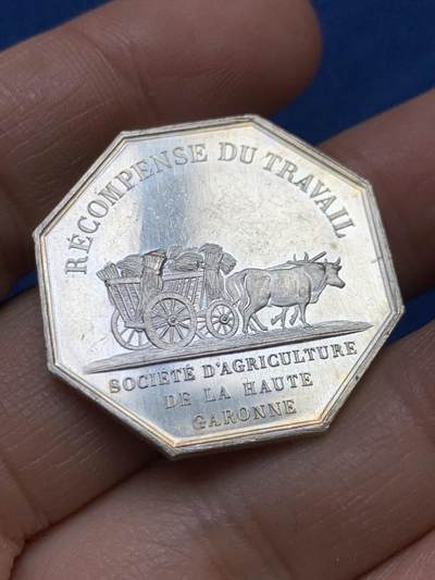 《竞宝斋》第458场 周日，周一，周二   3场连拍 （全场包邮）欢迎送拍 - 法国八角银章，加龙省农业协会，农业科学家奥利维·塞雷斯，13.89g，30.2mm，丰饶角边铭