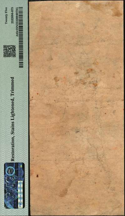 宜和2025年秋季拍卖 纸币 宣统元年（1909年）陕西大清银行兑换银票·凭票取陕议平足纹银壹两，来字第叁佰捌拾陆号；PMG 25 NET/Restoration，Stains Lightened，Trimmed