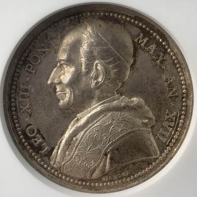 掌中浮雕-藏着的欧洲第049场 - NGC MS61 : 1894年梵蒂冈教皇利奥十三世纪念建立印度教区纪念银章 ，43mm
