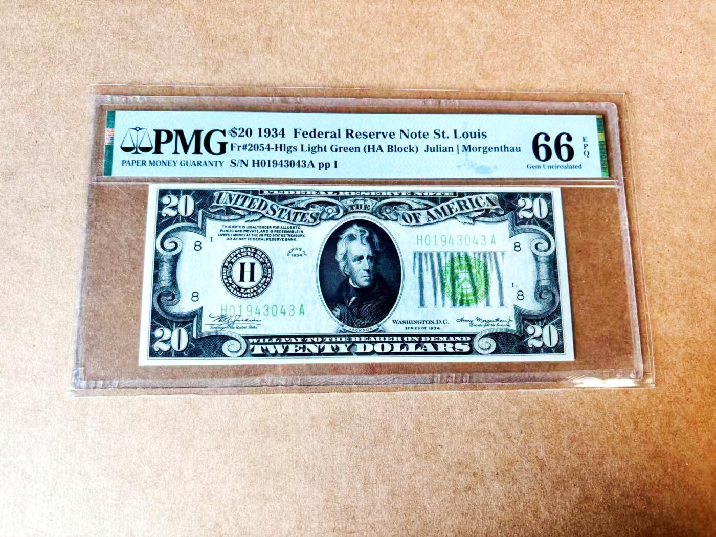 【Blue Auction】世界纸币精拍第775期——18级TOP拍卖/信誉/品质/专业/高效💫 【目录价最高的圣路易斯H区 浅绿版 亚军分仅两张更高分】美国1934年20美金 PMG66EPQ