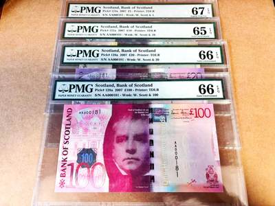 【Blue Auction】世界纸币精拍第775期——18级TOP拍卖/信誉/品质/专业/高效💫 - 【一组4张AA首发冠181倒置小号】苏格兰 5-100镑 PMG67EPQ-65EPQ