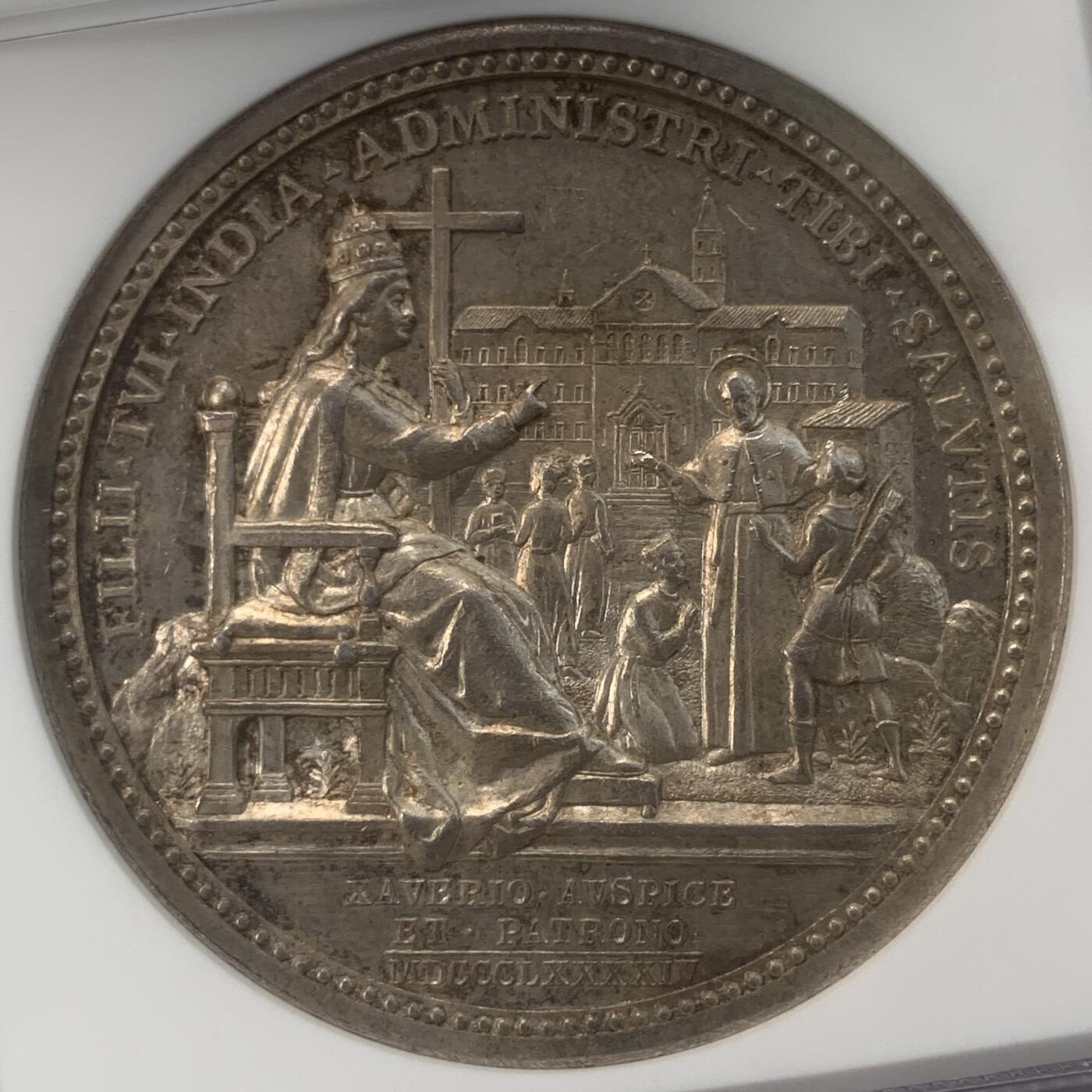 掌中浮雕-藏着的欧洲第049场 NGC MS61 : 1894年梵蒂冈教皇利奥十三世纪念建立印度教区纪念银章 ，43mm