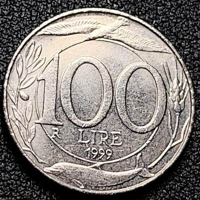 泉币菌-第169场- 精品福利场 - 原光 1999意大利100里拉白铜硬币 海豚 飞鸟 小麦 22mm 纪念币铜钱