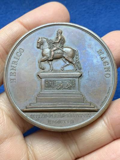 《竞宝斋》第458场 周日，周一，周二   3场连拍 （全场包邮）欢迎送拍 - 法国路易十八修复亨利四世雕像纪念铜章，62.7g，49.7mm，早期无边铭