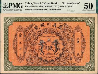 宜和2025年秋季拍卖 纸币 光绪年·天津万义川银号贰圆，背印2枚北洋银元图，北洋官报局印，未填用，形制颇为精美霸气；PMG 50