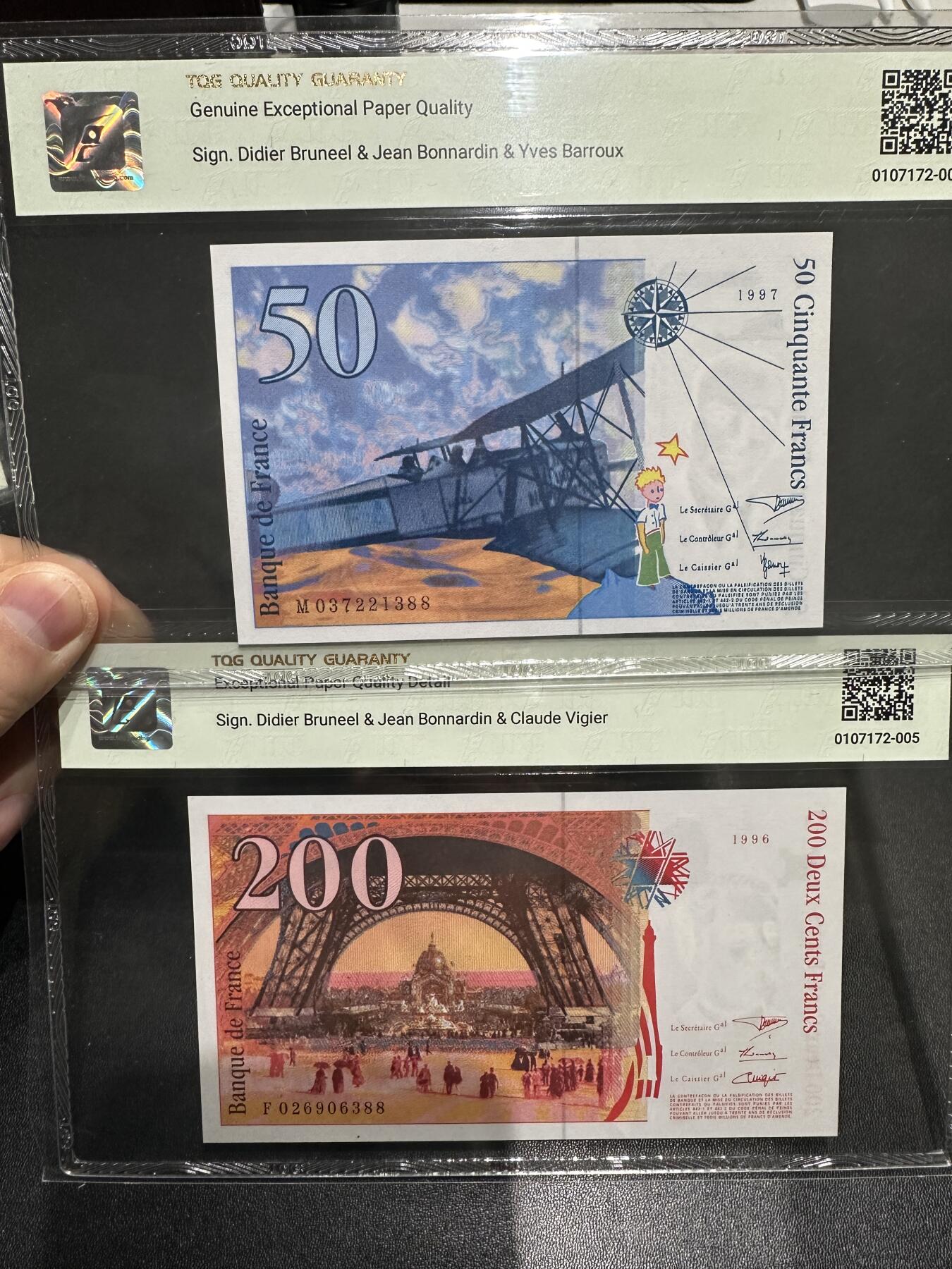 《外钞收藏家》第六百零二期（精品场）（本平台长期征集拍品、欢迎藏友们联系合作） 法国末版50和200法郎 2张一起 TQG评级 尾3同388