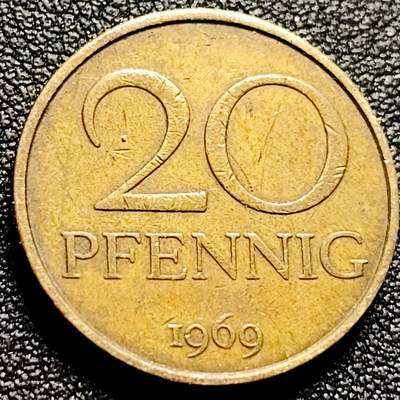泉币菌-第168场- 精品福利场 - 民主德国 东德 德意志20芬尼黄铜硬币 1969年 5.4克22.3毫米