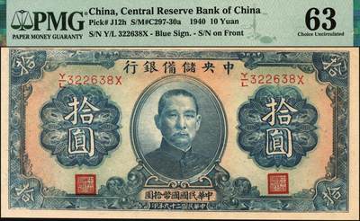 宜和2025年秋季拍卖 纸币 中央储备银行一组5枚，其中：①②③1940年改造券（三版）拾圆3枚，单面号蓝色签名，分别为PMG 64、PMG 63/Stains、PMG 63/Trimmed；1943年绿色（三版）壹圆，PMG 58 EPQ；1944年（二版）壹仟圆，长框短号，ATJ字轨，无水印，PMG 58