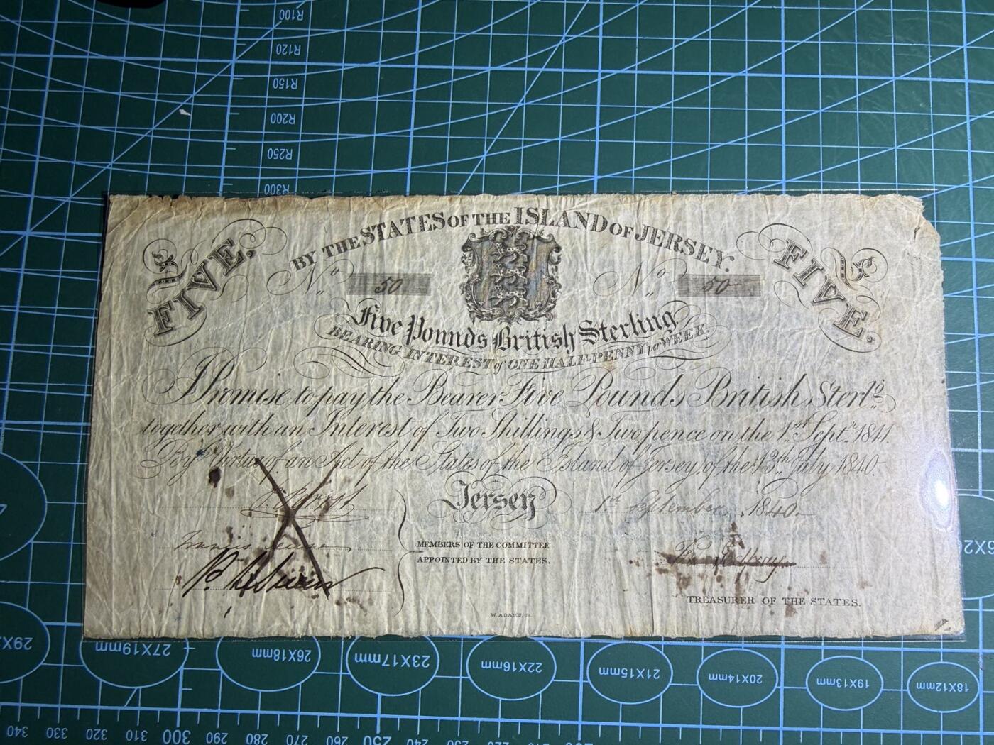 【炜奕收藏】，第五十七期，英联邦女王专场 1840年泽西岛5镑，品相如图，近200年老钞，超大票幅，白镑风格，50号小号