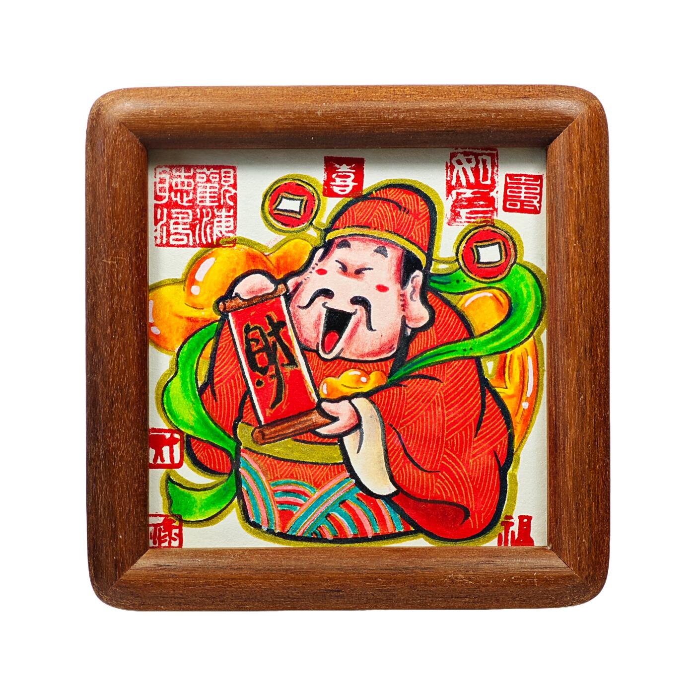 白泽拍卖卡牌手绘专场第31期（岁寒知松柏 春意已可期） 2025 居子手绘画 财神 已装裱 尺寸：内9.5cm*9.5cm 外12.3cm*12.3cm
