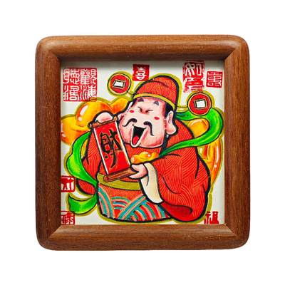 白泽拍卖卡牌手绘专场第31期（岁寒知松柏 春意已可期） - 2025 居子手绘画 财神 已装裱 尺寸：内9.5cm*9.5cm 外12.3cm*12.3cm