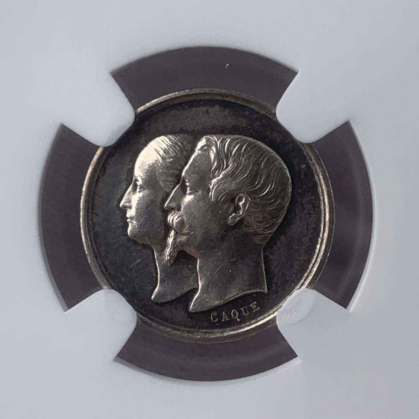 掌中浮雕-藏着的欧洲第049场 NGC AU55 : 1856年拿破仑三世儿子洗礼银章，16mm