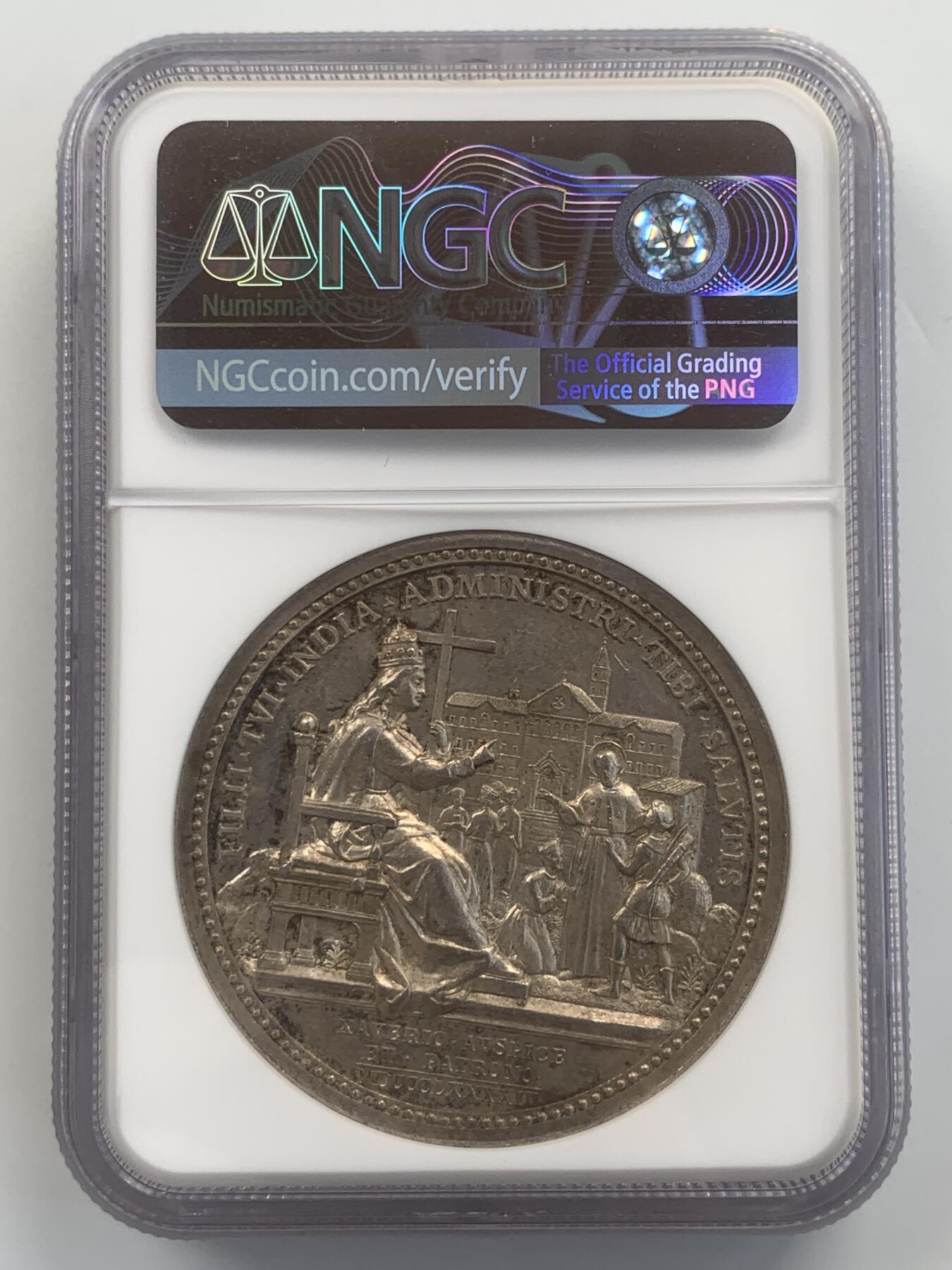 掌中浮雕-藏着的欧洲第049场 NGC MS61 : 1894年梵蒂冈教皇利奥十三世纪念建立印度教区纪念银章 ，43mm