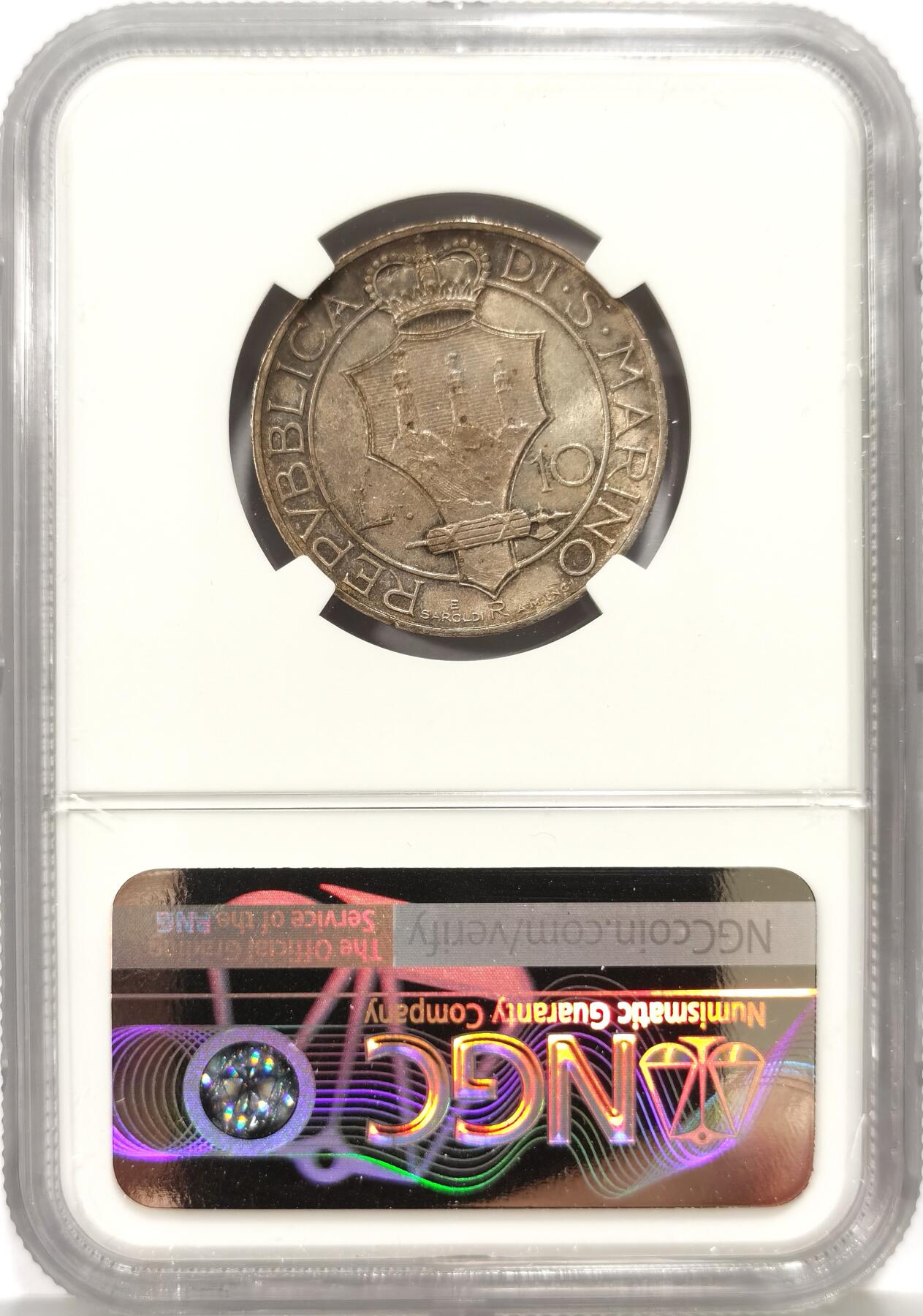 博洋堂世界钱币拍卖第157期（全场包邮） NGC MS62 圣马力诺1938年10里拉银币，黄油彩，转光好品。