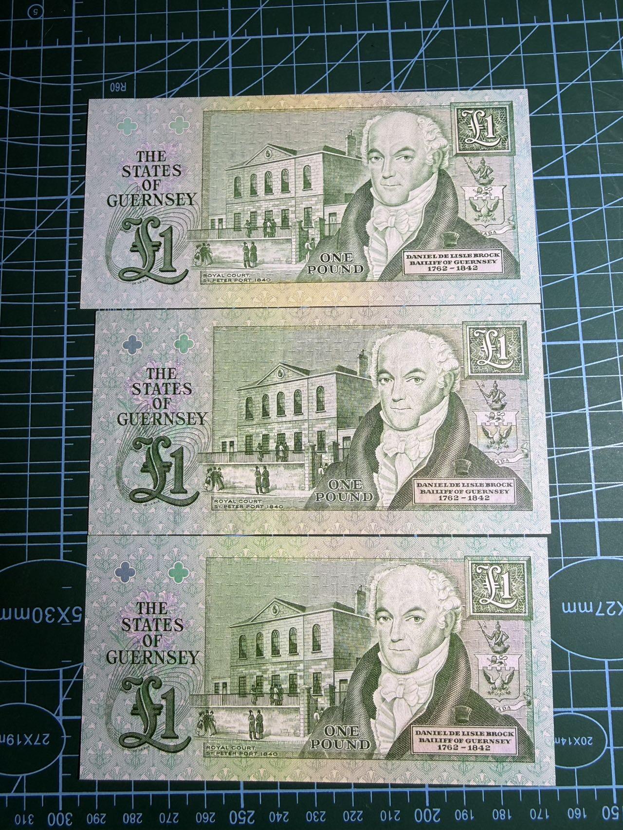 【炜奕收藏】，第五十七期，英联邦女王专场 根西岛1镑3张不同签名，包含初版大票幅，UNC-/UNC品相，包含两张无47