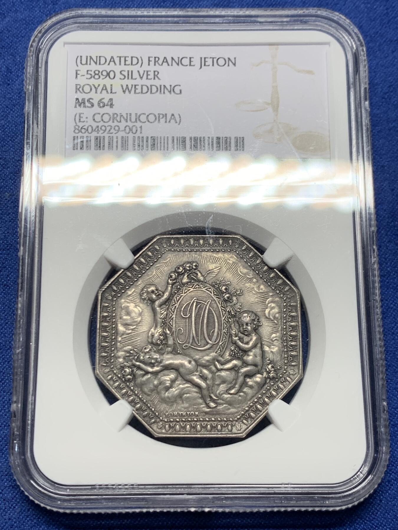 《竞宝斋》第458场 周日，周一，周二   3场连拍 （全场包邮）欢迎送拍 NGC-MS64 法国名誉品三个小天使皇家婚姻八角银质代币