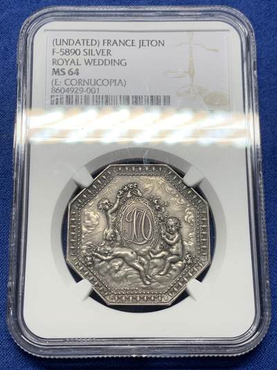 《竞宝斋》第458场 周日，周一，周二   3场连拍 （全场包邮）欢迎送拍 - NGC-MS64 法国名誉品三个小天使皇家婚姻八角银质代币