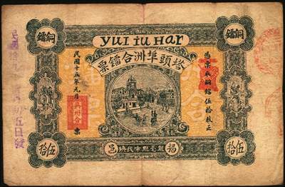 宜和2025年秋季拍卖 纸币 民国钱庄票券一组7枚，其中：福建①②（古田）陆三益壹角2枚；③惠枫·农民交换有价证券局1927年大洋贰角；④福安洪泰方1933年叁角；广东揭阳⑤塔头埠洲合镭票1926年铜镭伍拾枚；⑥林泰和角票1935年壹角；⑦上海柯尔登药行寿尔康辩真券（甲券）；七五至九五品