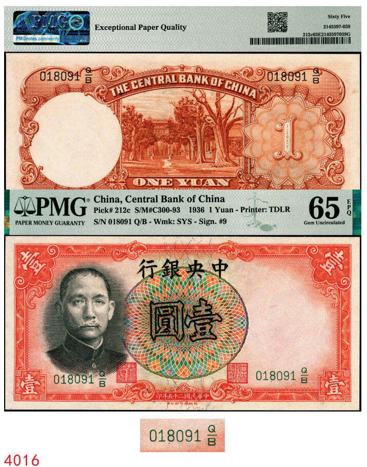 宜和2025年秋季拍卖 纸币 民国二十五年（1936年）中央银行德纳罗版壹圆，李觉·田亦民签名，号码倒置号；PMG 65 EPQ
