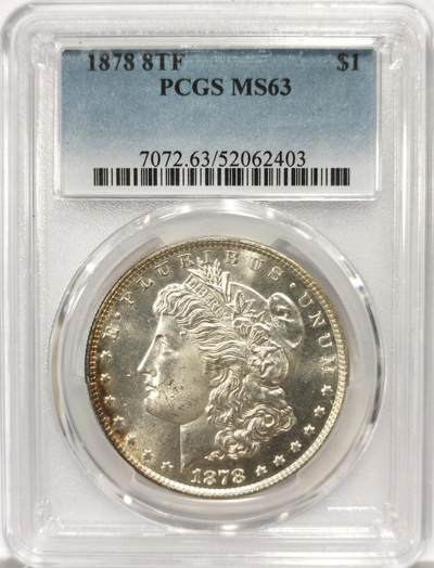 博洋堂世界钱币拍卖第157期（全场包邮） - PCGS MS63 美国1878 8TF 摩根 八羽 名誉品种 霜感十足 月牙彩包浆