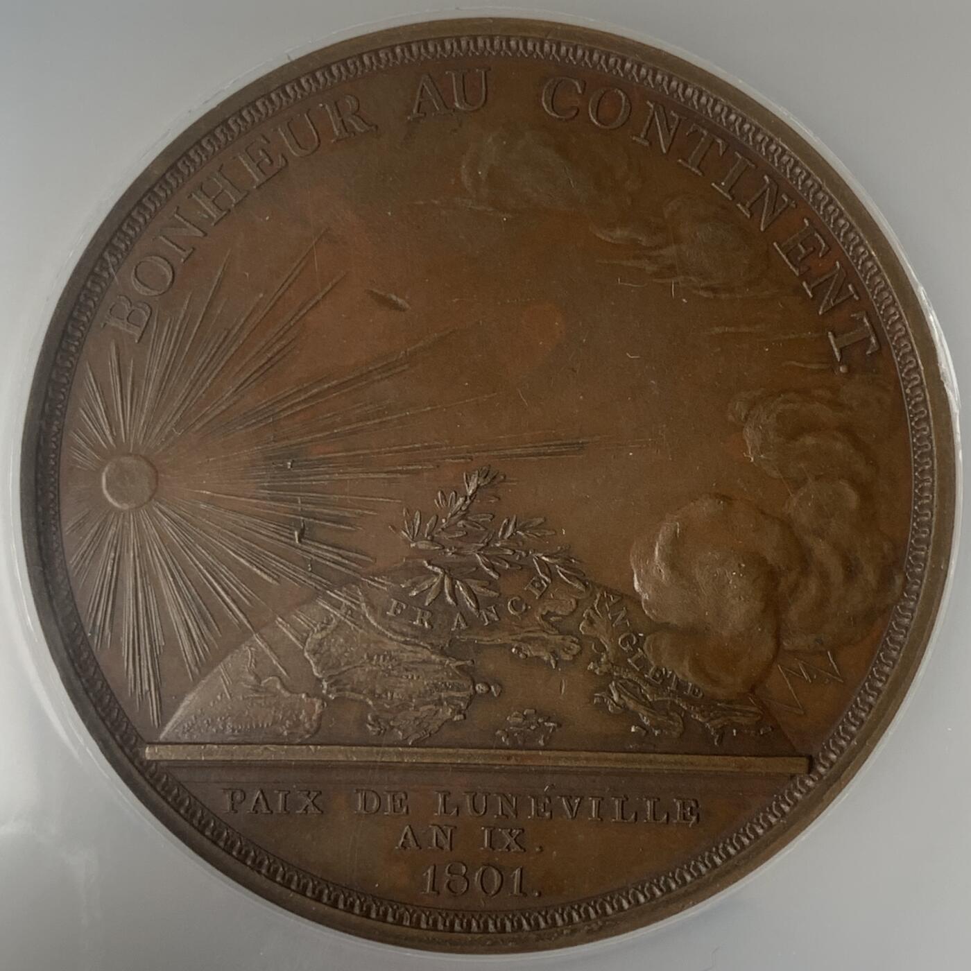 掌中浮雕-藏着的欧洲第049场 NGC MS62 : 1801年拿破仑一世原铸大铜章 吕内维尔和平协定大铜章 , 55mm