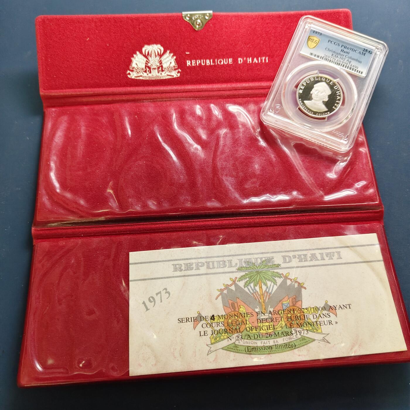 【全场包邮】纯粹捡漏拍495场-持续更新中 【收藏级·亚军分·少见】海地1973年25古德克里斯哥伦布精制纪念银币-盒证全量5470-PCGS PR69 DCAM（更高分仅3枚）