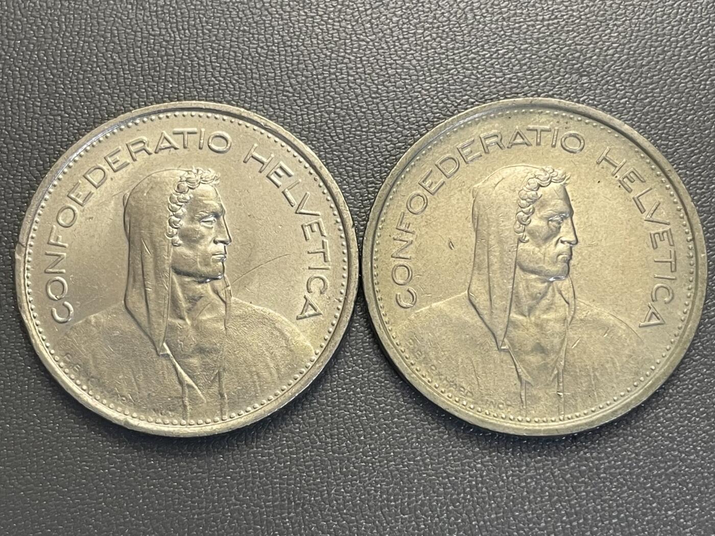回流0119 瑞士1968年5瑞士法郎2枚 瑞士拟人象征：海尔维蒂娅（Helvetia）