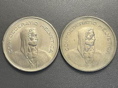 回流0119 - 瑞士1968年5瑞士法郎2枚 瑞士拟人象征：海尔维蒂娅（Helvetia）