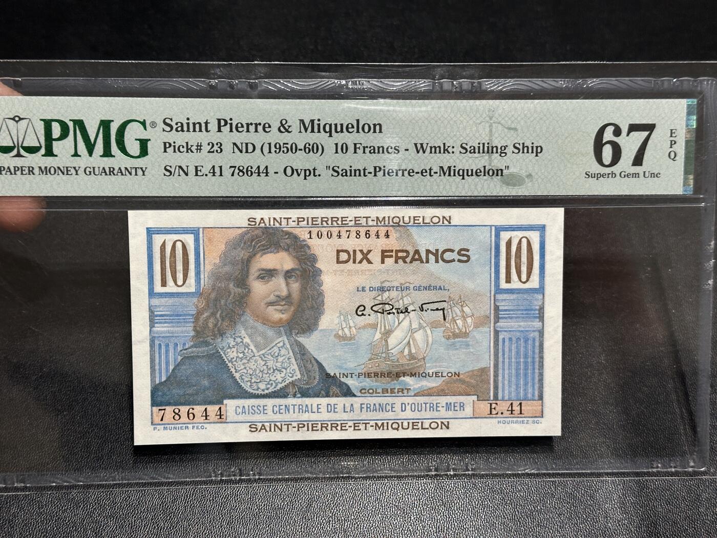 《外钞收藏家》第六百零二期（精品场）（本平台长期征集拍品、欢迎藏友们联系合作） 1950-60年圣皮埃尔和密克隆岛10法郎 PMG67