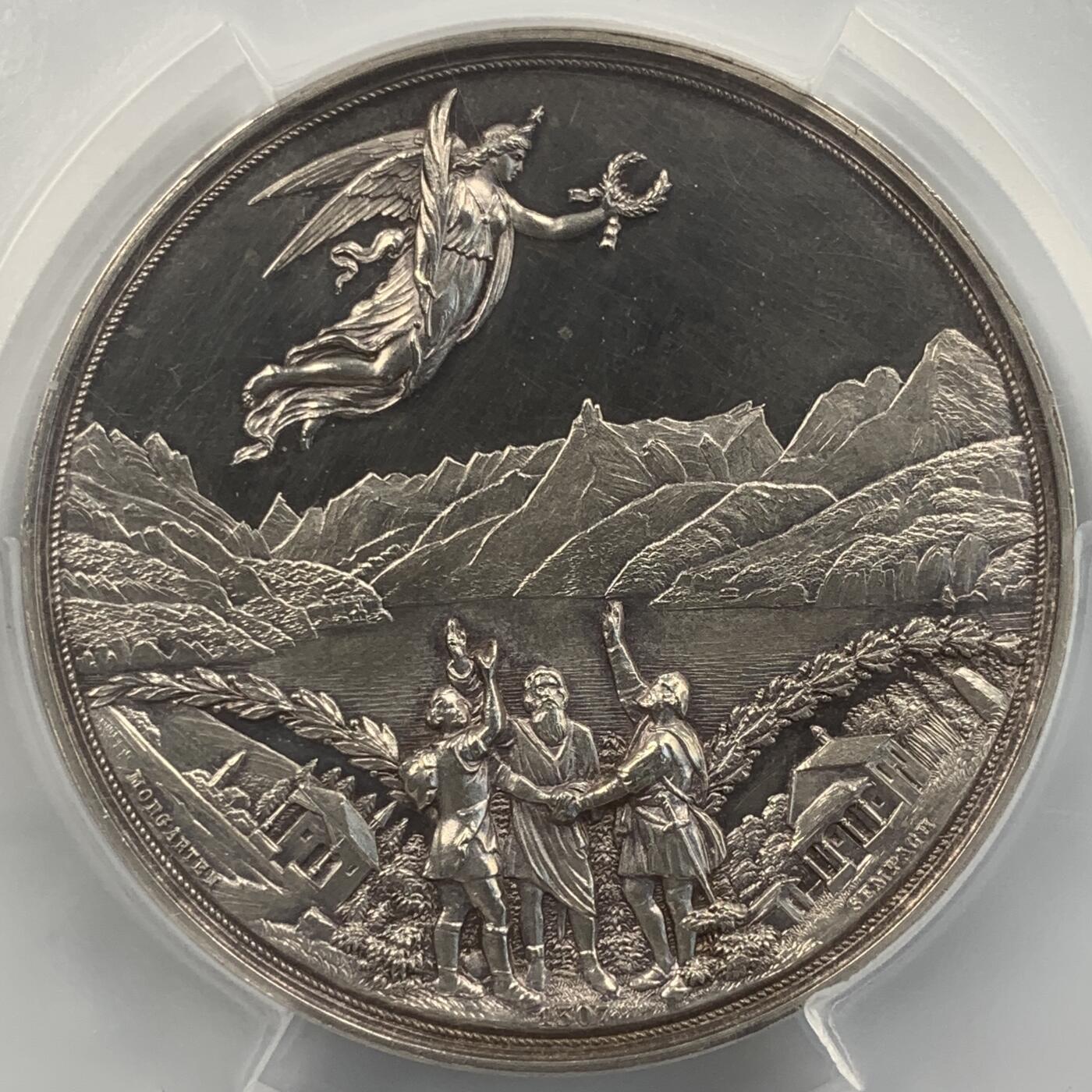 掌中浮雕-藏着的欧洲第049场  PCGS SP63 ：1891年瑞士联邦600周年纪念大银章，50mm