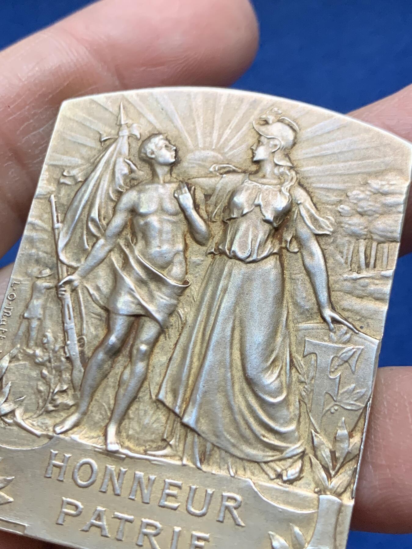 《竞宝斋》第458场 周日，周一，周二   3场连拍 （全场包邮）欢迎送拍 法国银章奖章荣誉爱国者Coq，Mattei镀金银章回家荣誉玛丽安娜方形奖章，雕刻尺寸51.2×40.2毫米，48.9克，丰饶角1银