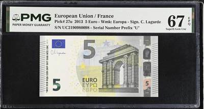 【礼羽收藏】🌏世界钱币拍卖第120期 - 【UC2190980098】2013年法国四签5欧元纸币 无3457尾8 朦胧号 长号朦胧王 后倒置号 PMG67高分靓号