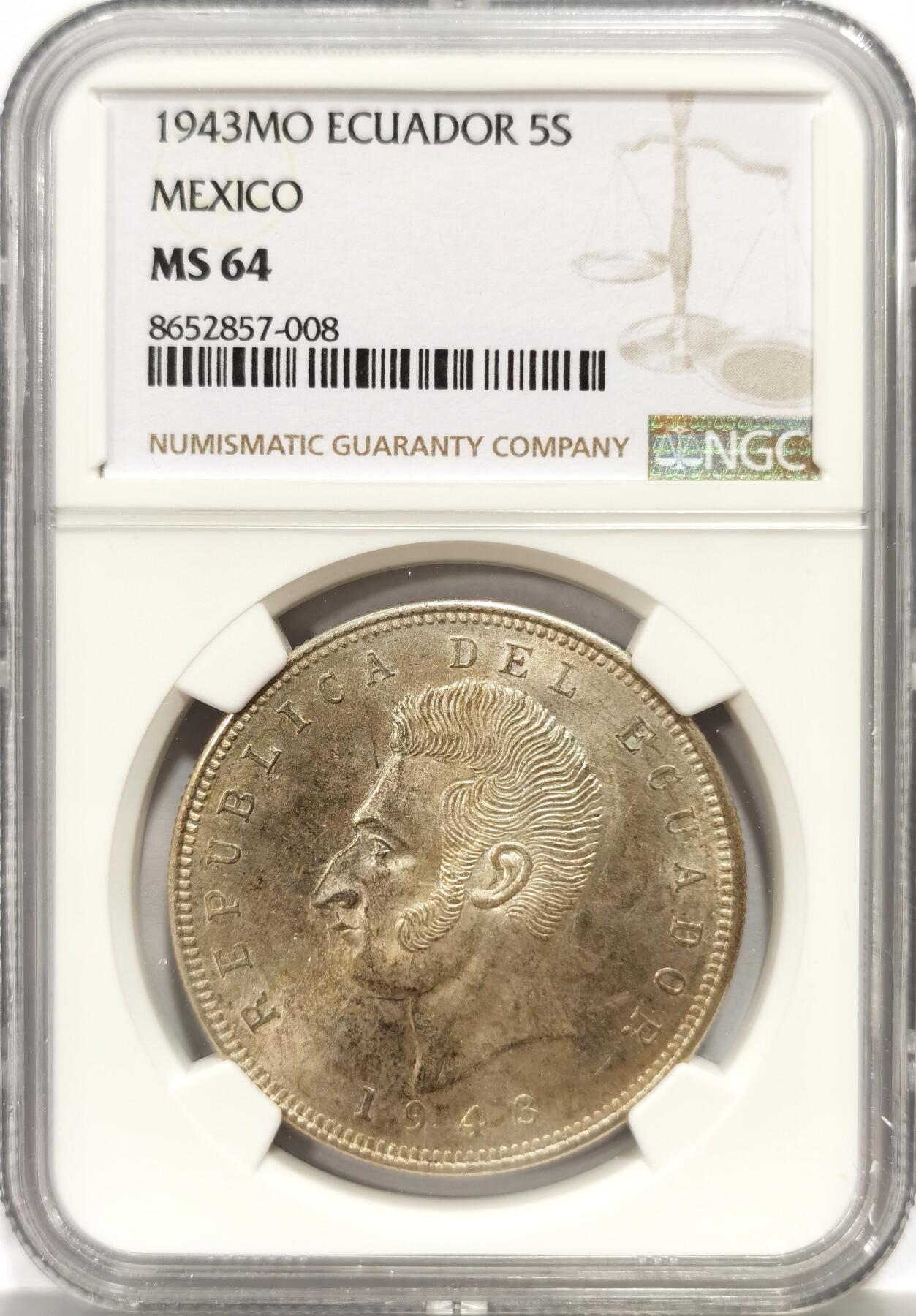 博洋堂世界钱币拍卖第157期（全场包邮） NGC MS64 厄瓜多尔1943年5苏克雷大银币，南美经典品种，转光好品。