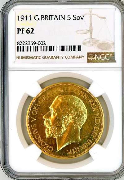 【Blue Auction】世界纸币精拍第775期——18级TOP拍卖/信誉/品质/专业/高效💫 -  【Proof铸造量仅2812枚】英国 温莎王朝开国君主、伊丽莎白二世女王的祖父乔治五世 1911年加冕纪念5镑马剑精制大金币 39.94克 NGC PF62 光感十足 金光灿灿 实物非常漂亮 