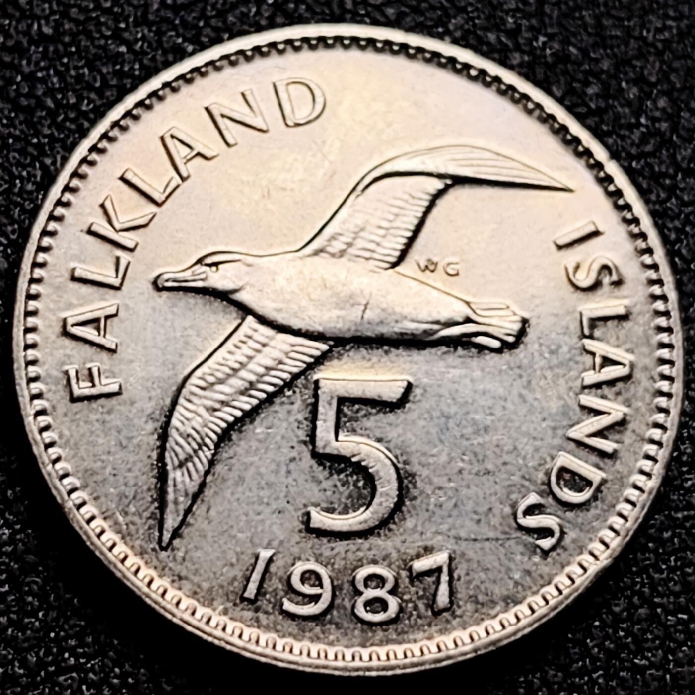 泉币菌-第168场- 精品福利场 原光极美 1987年 英属福克兰群岛 5便士镍币 黑眉信天翁 23.5mm