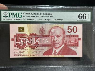《外钞收藏家》第六百零二期（精品场）（本平台长期征集拍品、欢迎藏友们联系合作） - 1988年加拿大鸟版50加元 PMG66 豹子号777