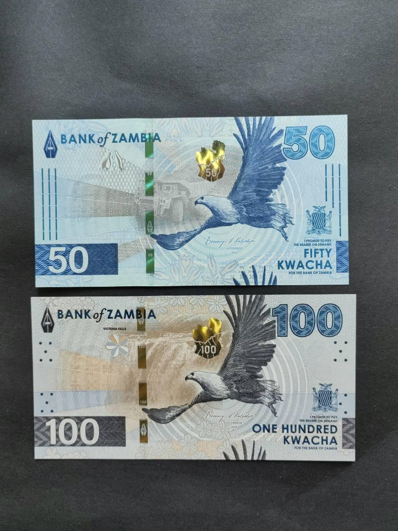 外国纸币专场260116场 赞比亚🇿🇲新版50.100一对，全新品相UNC。