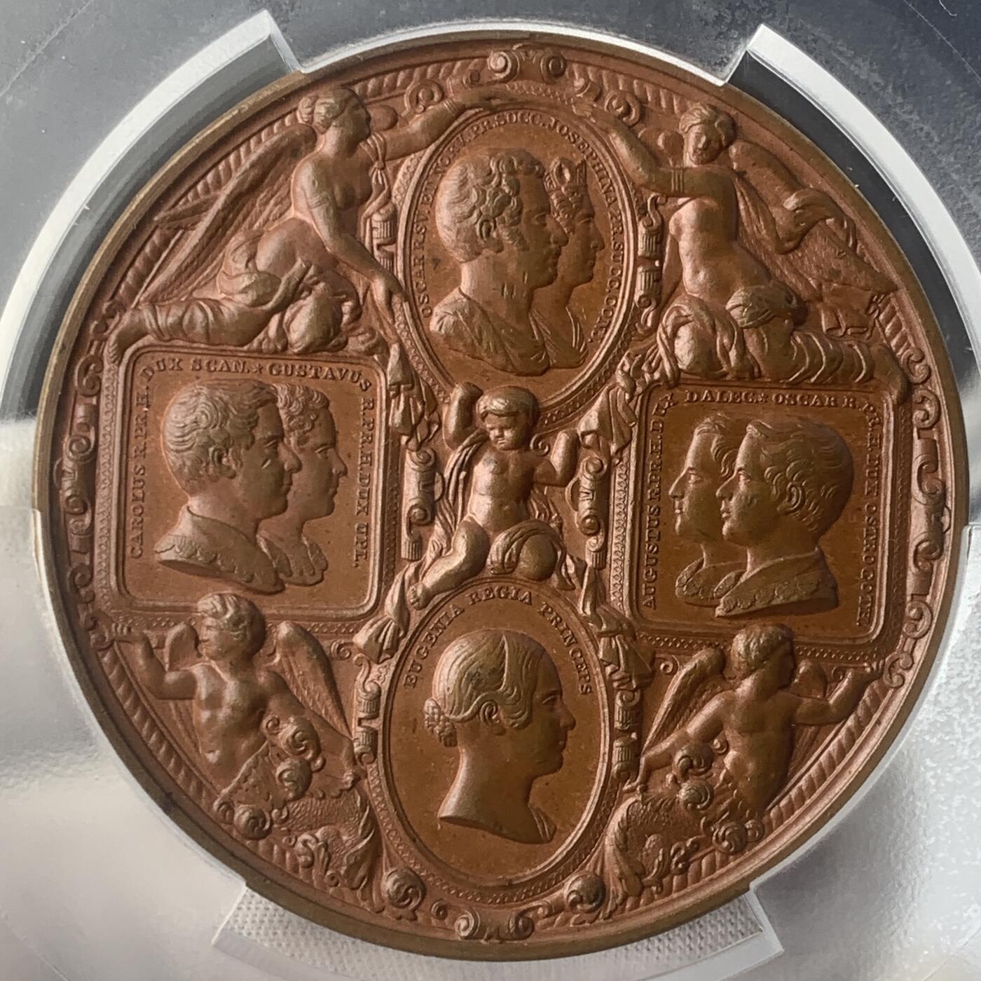 掌中浮雕-藏着的欧洲第049场 PCGS SP64 ：1842年瑞典卡尔十四和他的家人铜章，56mm， Ludvig Persson Lundgren雕刻