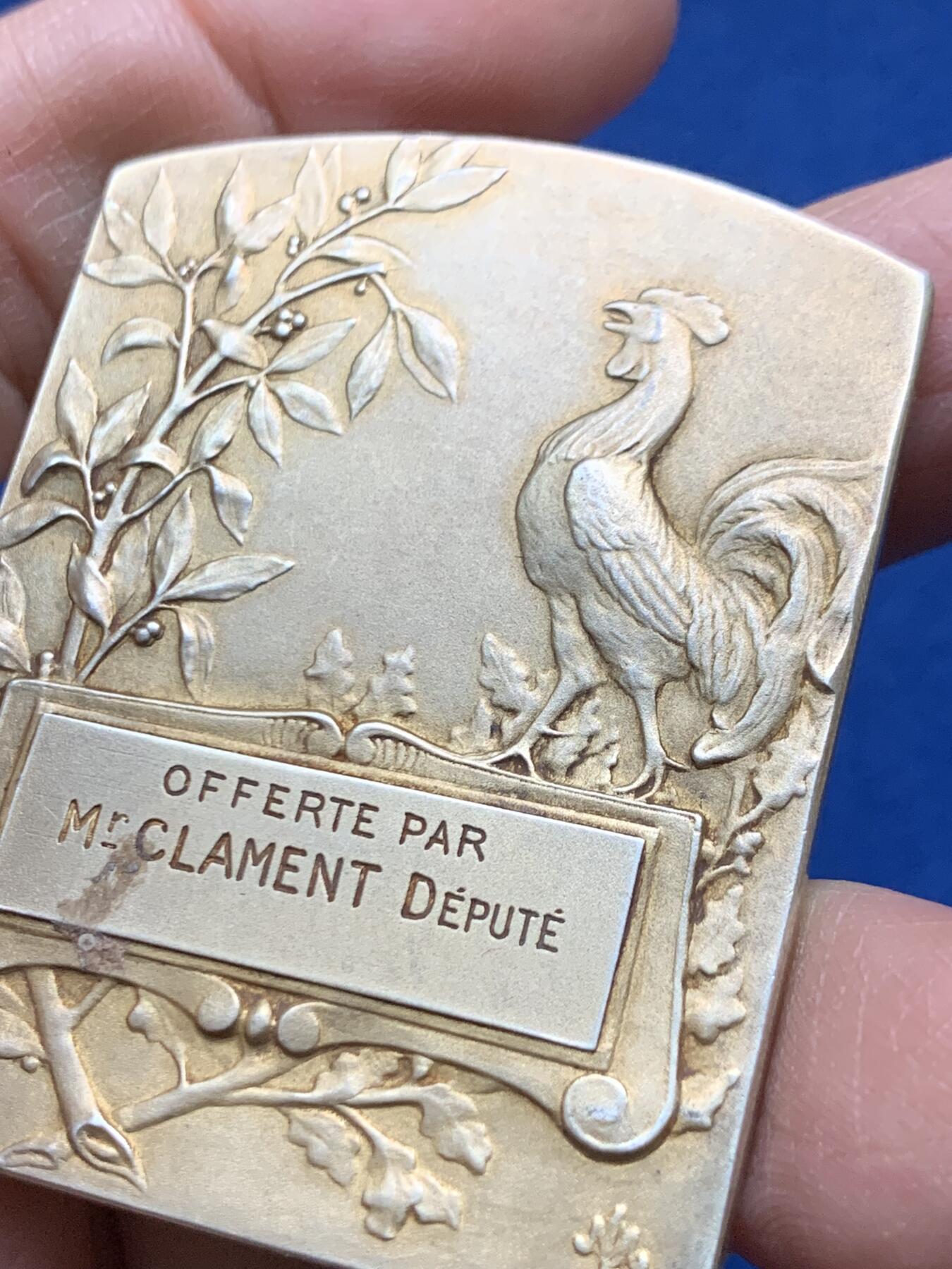 《竞宝斋》第458场 周日，周一，周二   3场连拍 （全场包邮）欢迎送拍 法国银章奖章荣誉爱国者Coq，Mattei镀金银章回家荣誉玛丽安娜方形奖章，雕刻尺寸51.2×40.2毫米，48.9克，丰饶角1银