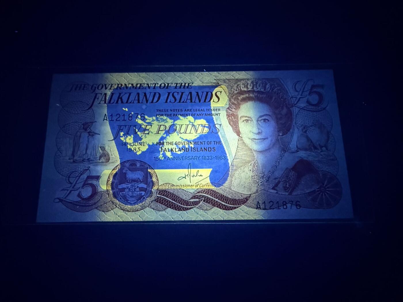 【炜奕收藏】，第五十七期，英联邦女王专场 1983年福克兰群岛5镑纪念钞，UNC品相，A冠号码无4