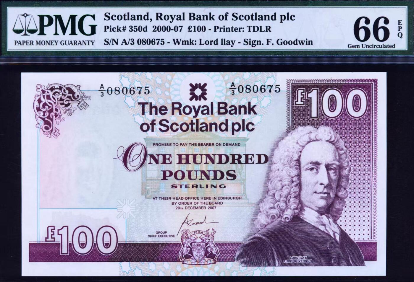 【Blue Auction】世界纸币精拍第775期——18级TOP拍卖/信誉/品质/专业/高效💫 苏格兰 2007年100镑 大卷毛 PMG66EPQ 老壳