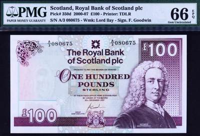 【Blue Auction】世界纸币精拍第775期——18级TOP拍卖/信誉/品质/专业/高效💫 - 苏格兰 2007年100镑 大卷毛 PMG66EPQ 老壳