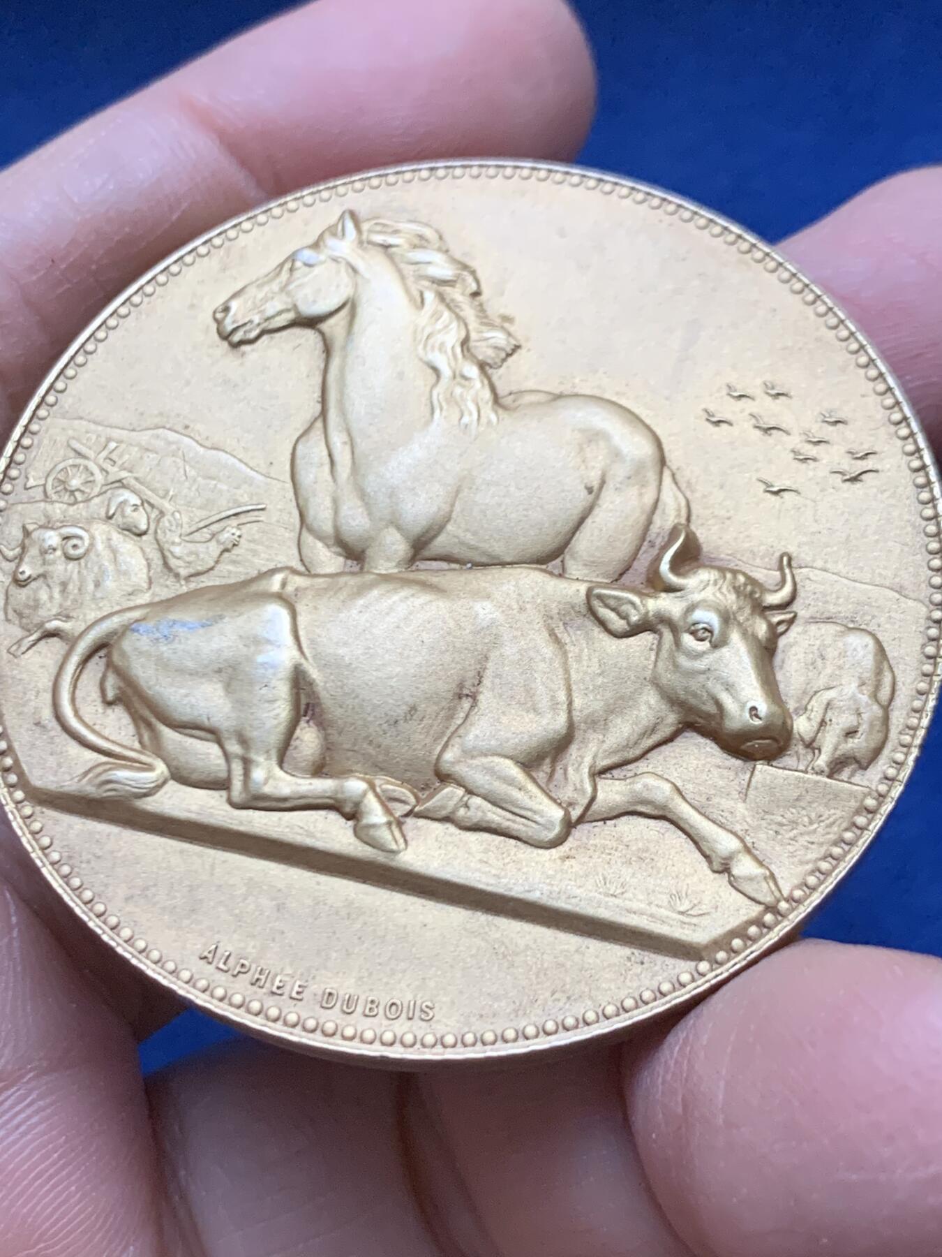 《竞宝斋》第458场 周日，周一，周二   3场连拍 （全场包邮）欢迎送拍 法国A.Dubois 农业协会镀金银章，65.65g，50mm，丰饶角1argent边铭