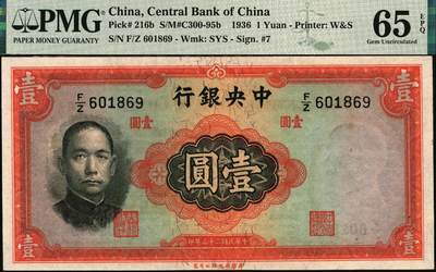 宜和2025年秋季拍卖 纸币 民国二十五年（1936年）中央银行华德路版壹圆，李骏耀·田亦民签名，号码倒置号；PMG 65 EPQ
