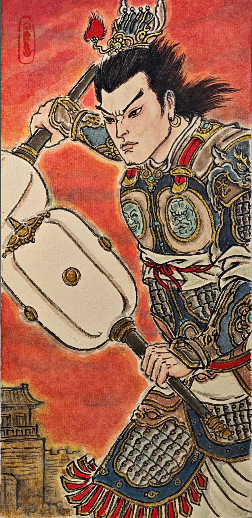 白泽拍卖卡牌手绘专场第31期（岁寒知松柏 春意已可期） 2026 卢艺丰手绘小画 李元霸 尺寸：10.9cm*22.3cm 卢艺丰背签题 钤印